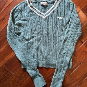 Hollister Teal Cable Knit V-Neck Sweater